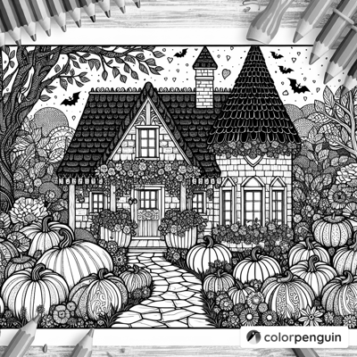 Cozy Witch Cottage In Fall With Pumpkins Coloring Page