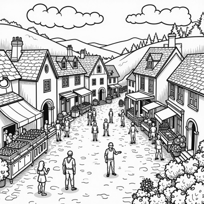A Village Coloring Page