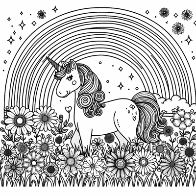 Field Of Flowers With A Rainbow And Unicorn Coloring Page