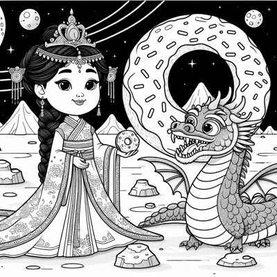 Princess With A Dragon And A Doughnut On The Moon Coloring Page