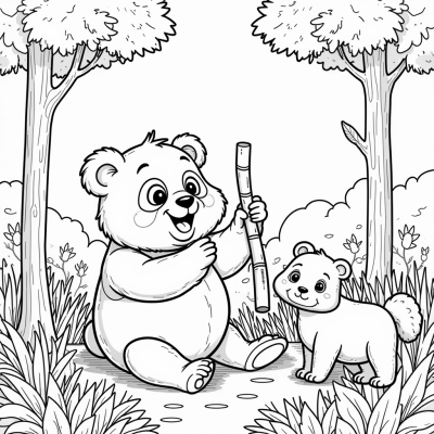 Drawing Happy Panda Playing With Bamboo Coloring Page