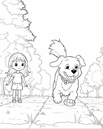 A Girl And A Dog Are In A Field The Dog Is Running... Coloring Page