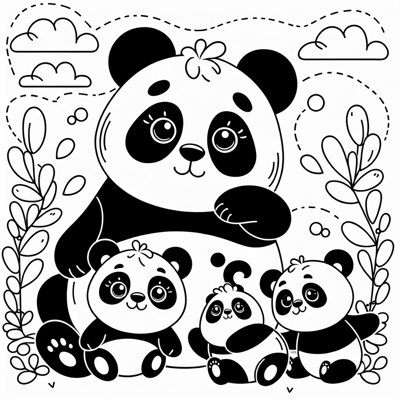 Mommy Panda And Baby Pandas Coloring Page