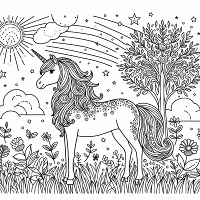 A Unicorn In A Meadow Coloring Page