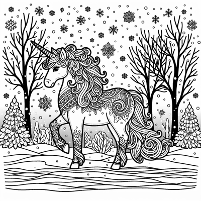 A Unicorn In Winter Coloring Page