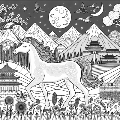 A Unicorn Is On Vacation In Asia Coloring Page
