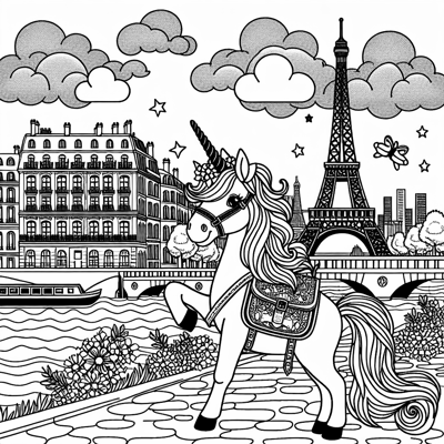 A Unicorn Is On Vacation In Paris Coloring Page