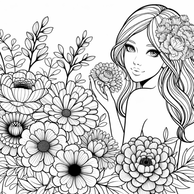 A Beautiful Girl With Beautiful Flowers Coloring Page