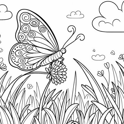 A Beautiful Butterfly In A Meadow Coloring Page