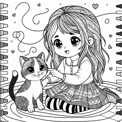 A Girl With A Cat Coloring Page
