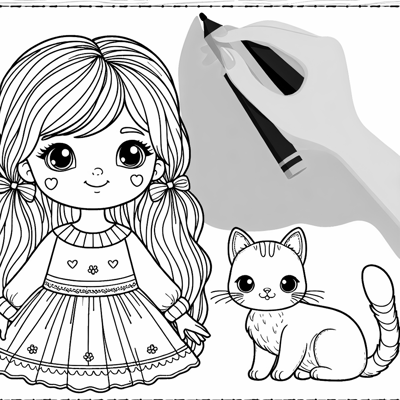 A Girl With A Cat Coloring Page