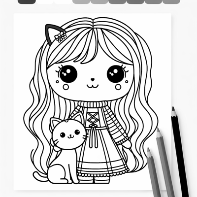 A Girl With A Cat Coloring Page