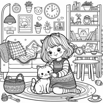 A Girl With A Cat In The Living Room Coloring Page