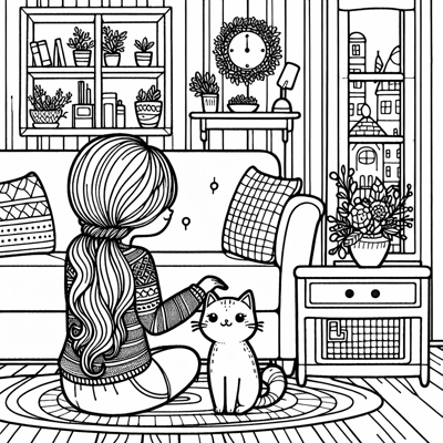A Girl With A Cat In The Living Room Coloring Page