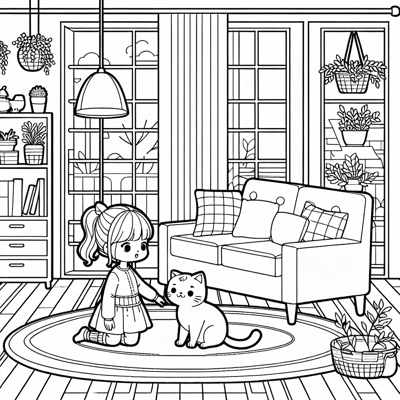 A Girl With A Cat In The Living Room Coloring Page