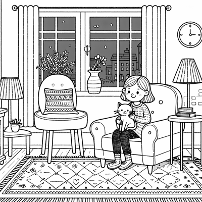 A Girl With A Cat In The Living Room Coloring Page