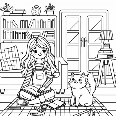 A Girl With A Cat In The Living Room Coloring Page