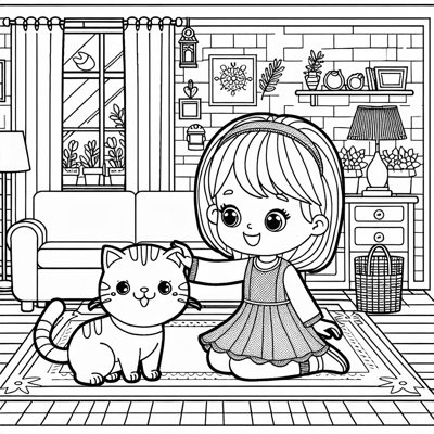 A Girl With A Cat In The Living Room Coloring Page