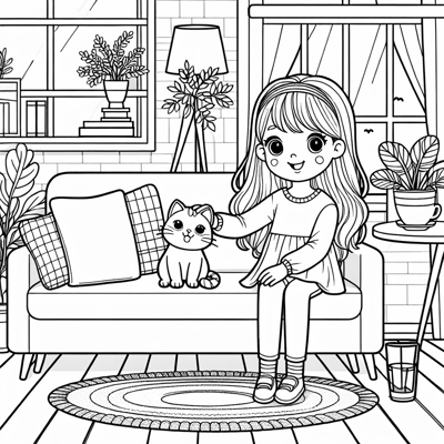 A Girl With A Cat In The Living Room Coloring Page