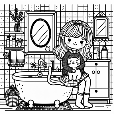 A Girl With A Cat In The Bathroom Coloring Page