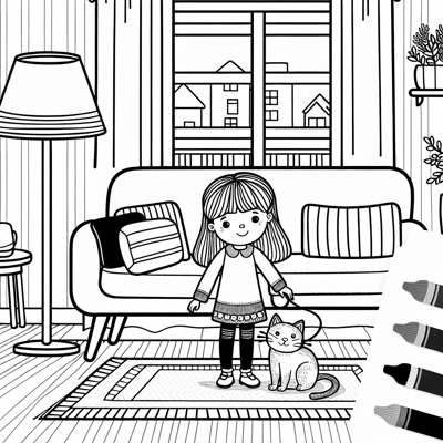 A Girl With A Cat In The Living Room Coloring Page