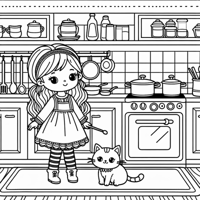 A Girl With A Cat In The Kitchen Coloring Page