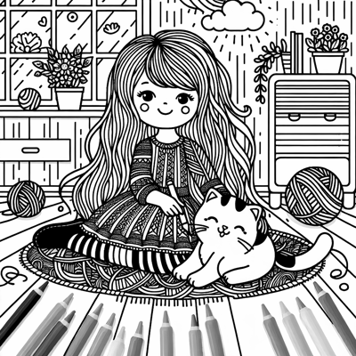 A Girl With A Cat Playing Coloring Page