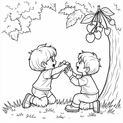 A Coloring Page With Children Picking And Eating... Coloring Page