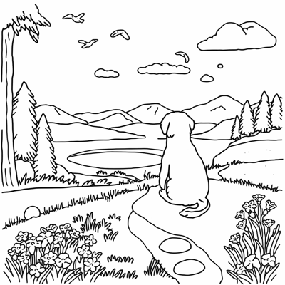 A Dog Sitting On A Grassy Hill Looking Out Over A... Coloring Page