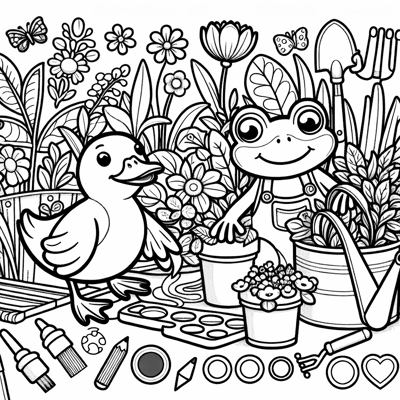 A Frog And Duck Gardening Coloring Page