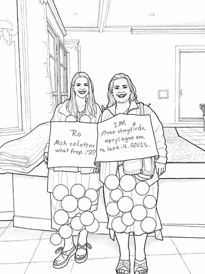 Two Women Standing Next To Each Other. Coloring Page