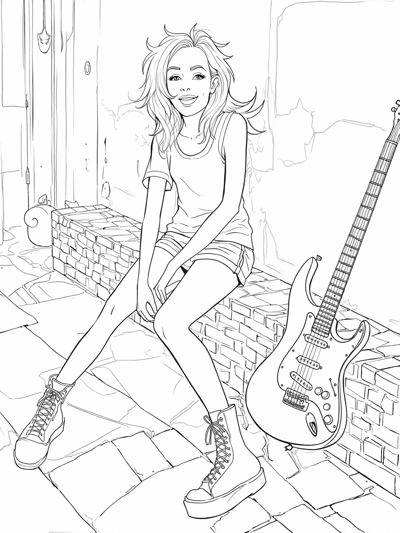 A Woman Is Sitting On A Brick Wall With A Guitar... Coloring Page