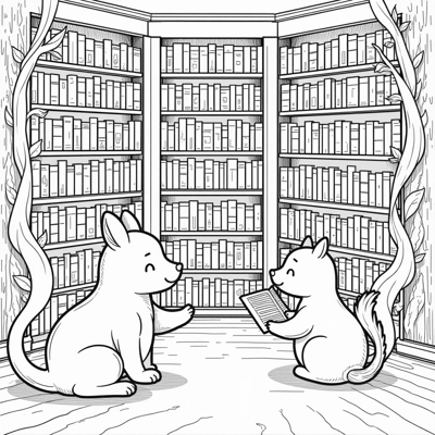 A Whimsical Library With Colorful Books Flowers... Coloring Page