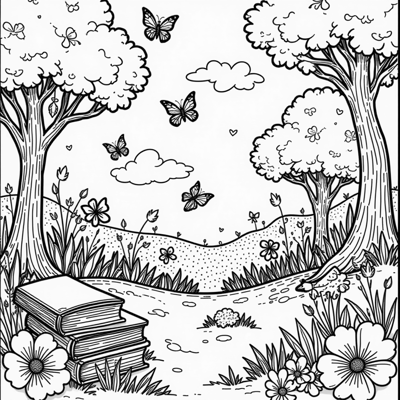 A Magical Garden Where Books Sprout Like Flowers... Coloring Page