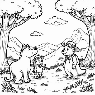 A Vibrant Storybook Landscape Featuring Characters... Coloring Page