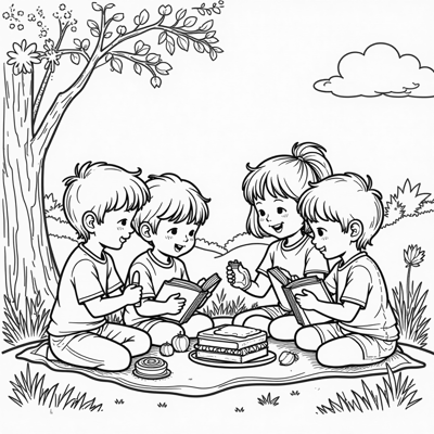 A Spring Picnic Scene With Kids Reading Surrounded... Coloring Page