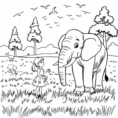 A Girl Plays With An Elephant Coloring Page