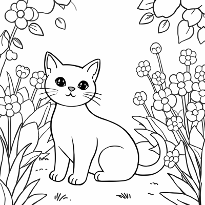 Cat Image In A Wide Garden Coloring Page