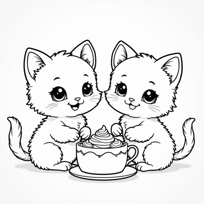 Kawaii Style Kittens Having A Tea Party With Cake. Coloring Page