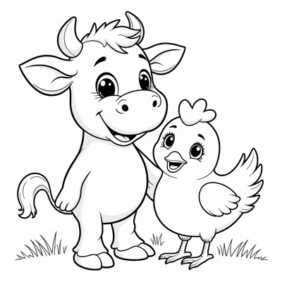 A Cow And A Chicken Posing Together In A Farm... Coloring Page