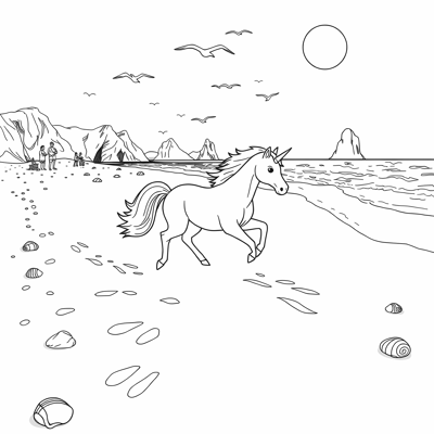 A Unicorn Galloping On A Magical Beach Coloring Page