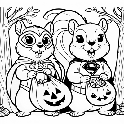 Two Squirrels Dressed As Superheroes In A Tree... Coloring Page