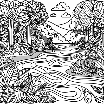 A Tranquil Jungle River Surrounded By Lush Green... Coloring Page