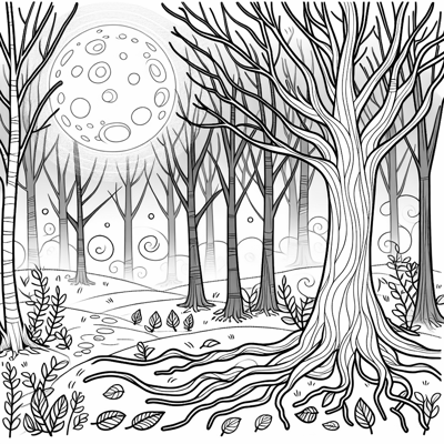 A Forest With Tall Bare Trees And A Glowing Full... Coloring Page