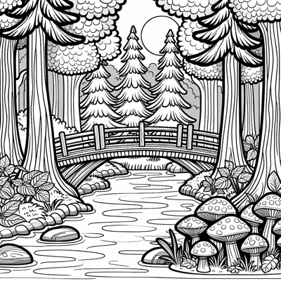 A Mosscovered Bridge Over A Stream With Mushrooms... Coloring Page