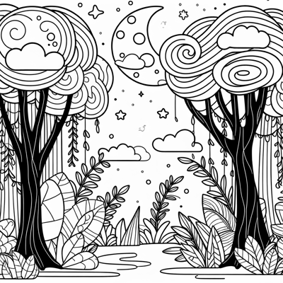 A Dark Secluded Jungle With Twisted Vines Shadowy... Coloring Page