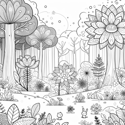 A Tranquil Mystical Forest Glade Glowing Flowers... Coloring Page