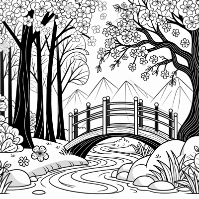 A Tranquil Mystical Forest Delicate Cherry Blossom... Coloring Page
