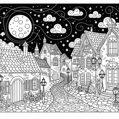 A Quaint Moonlit Town With Cobblestone Streets And... Coloring Page