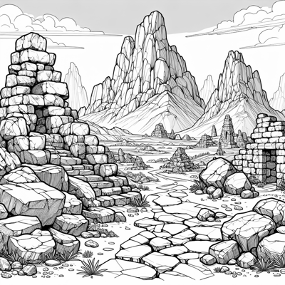 A Rocky Landscape With Large Boulders And Ancient... Coloring Page